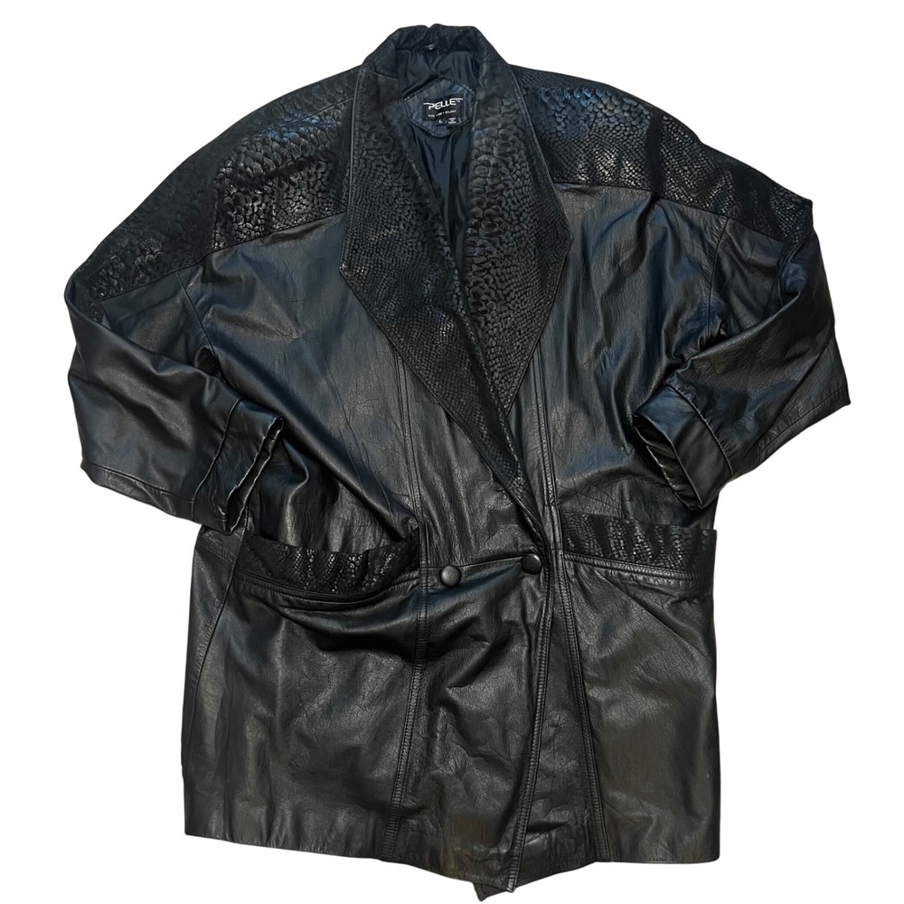VTG PELLE‎ New York Milano Black Leather Jacket Snakeskin Print Womens Large 90s